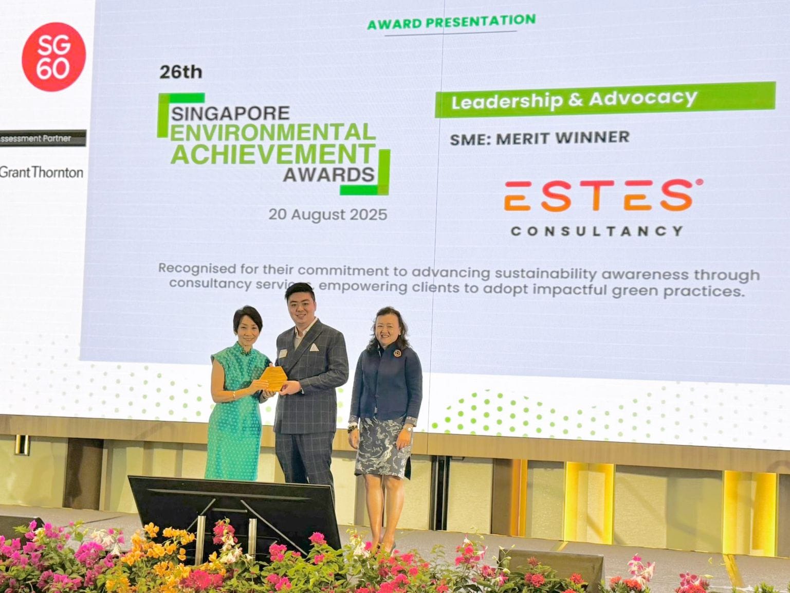 Estes Consultancy receiving the Leadership and Advocacy Award at the Singapore Environmental Achievement Award 2025 for excellence in sustainability and ESG reporting