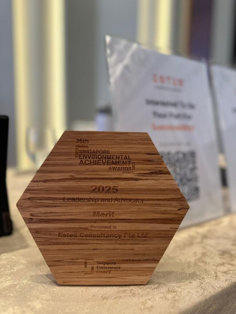 Estes Consultancy receiving the Leadership and Advocacy Award at the Singapore Environmental Achievement Award 2025 for excellence in sustainability and ESG reporting